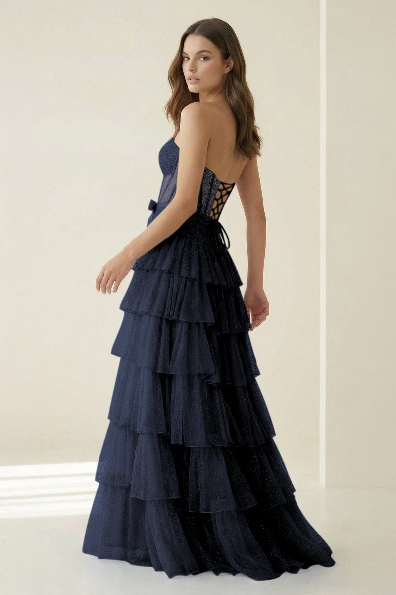 Black-White Strapless A Line Tulle Ruffled Evening Dress With Beading - Curvevia