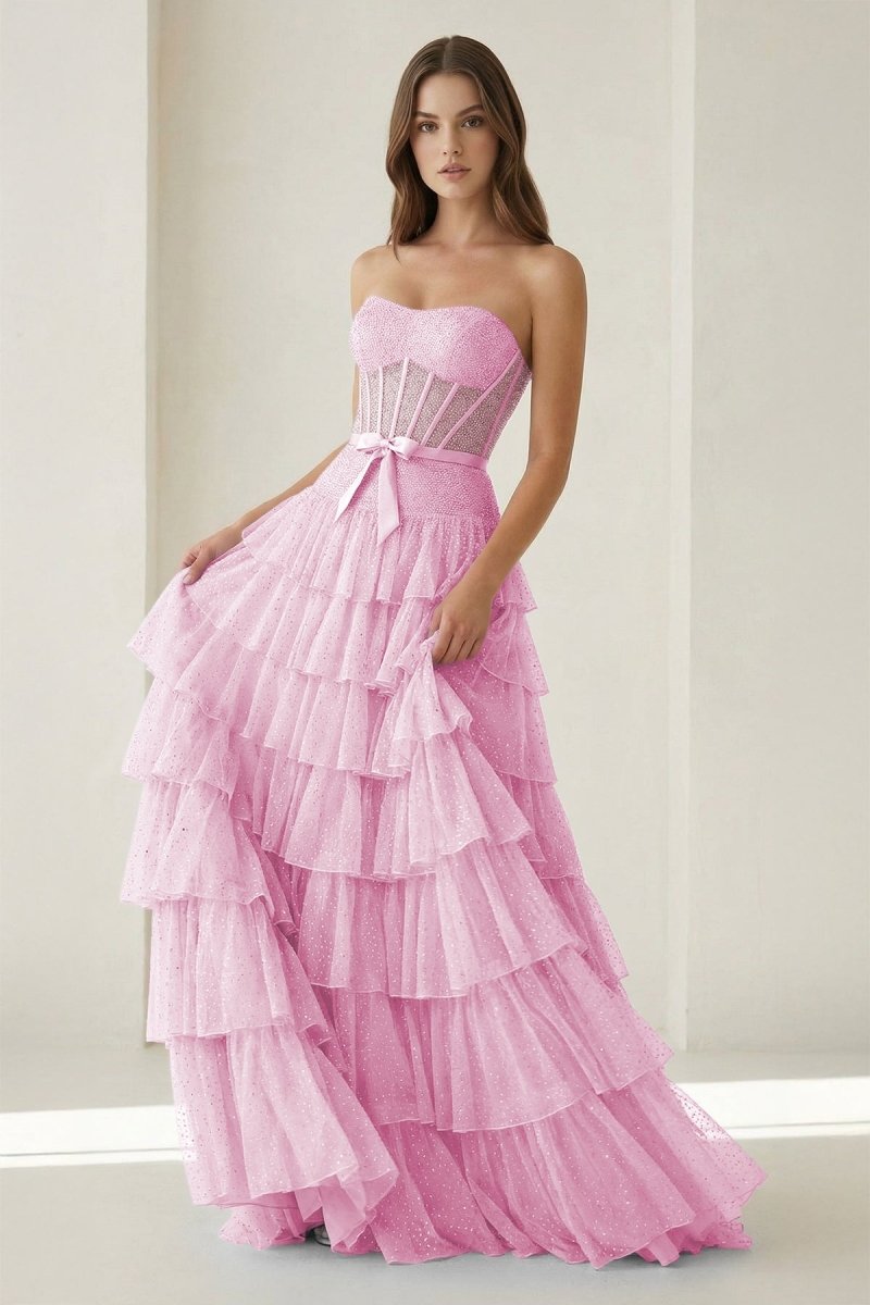 Black-White Strapless A Line Tulle Ruffled Evening Dress With Beading - Curvevia