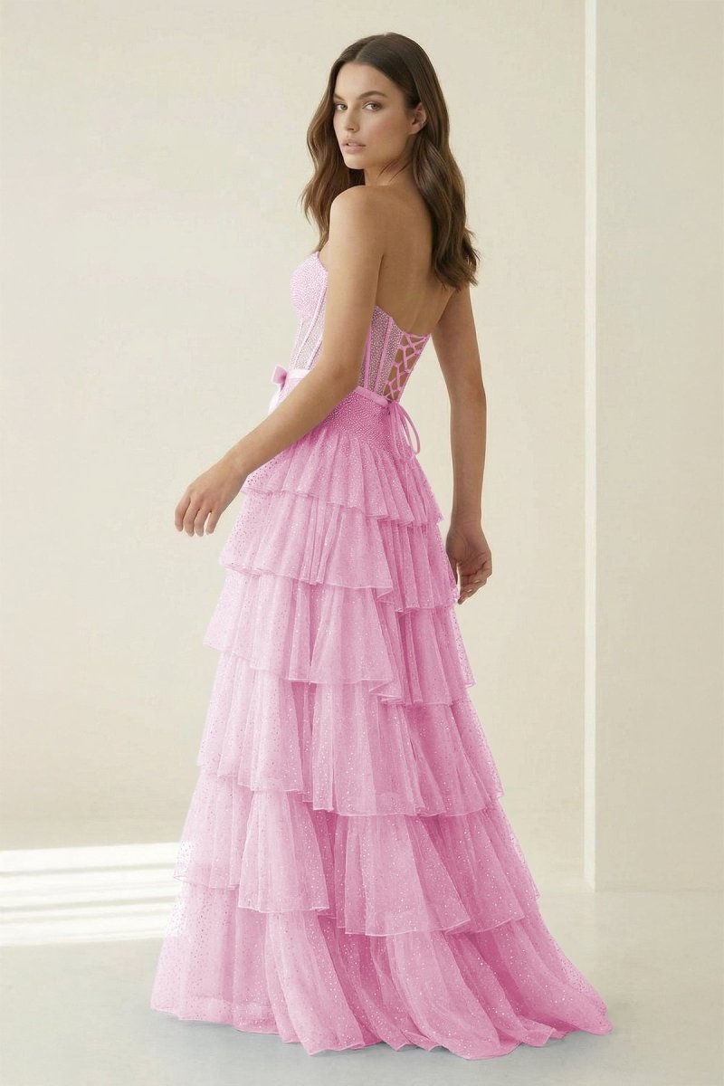 Black-White Strapless A Line Tulle Ruffled Evening Dress With Beading - Curvevia
