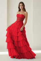 Black-White Strapless A Line Tulle Ruffled Evening Dress With Beading - Curvevia