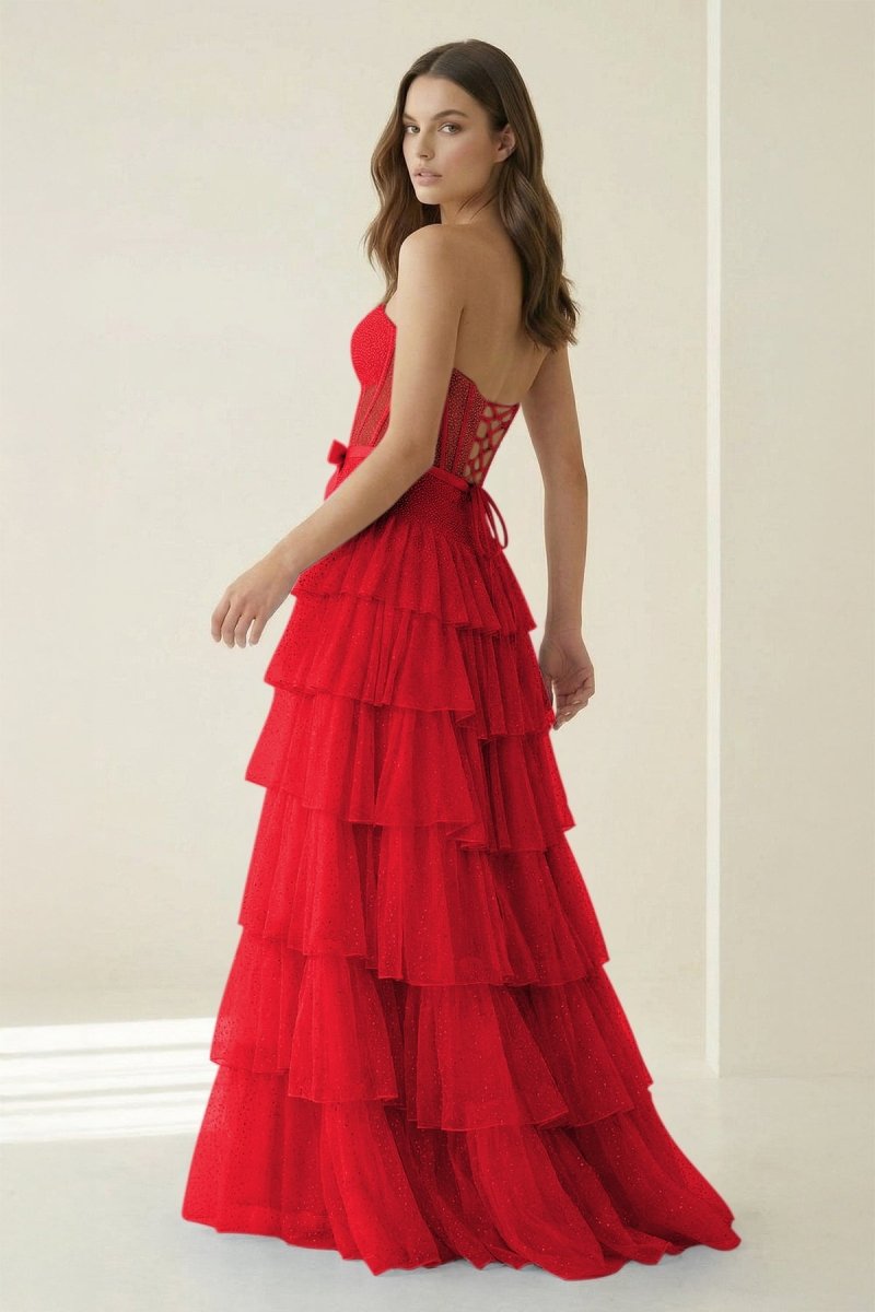 Black-White Strapless A Line Tulle Ruffled Evening Dress With Beading - Curvevia