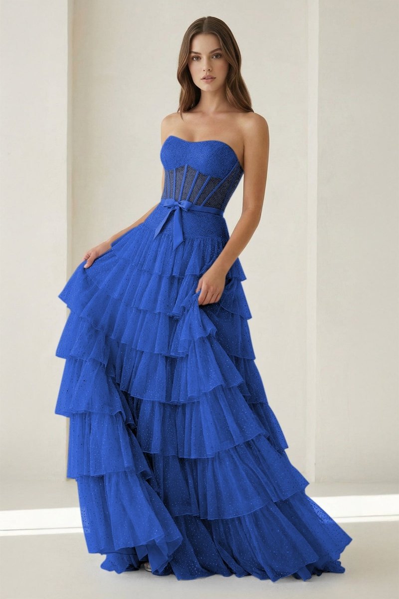 Black-White Strapless A Line Tulle Ruffled Evening Dress With Beading - Curvevia