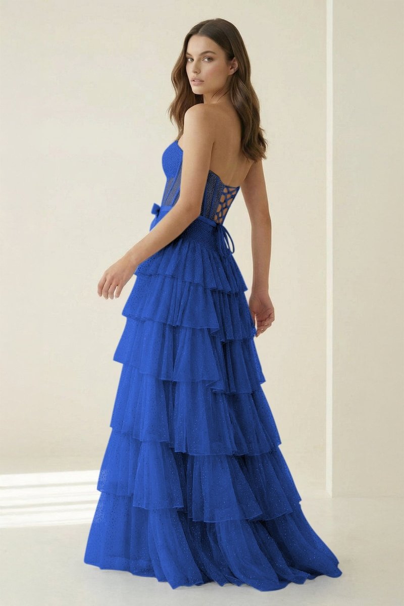 Black-White Strapless A Line Tulle Ruffled Evening Dress With Beading - Curvevia