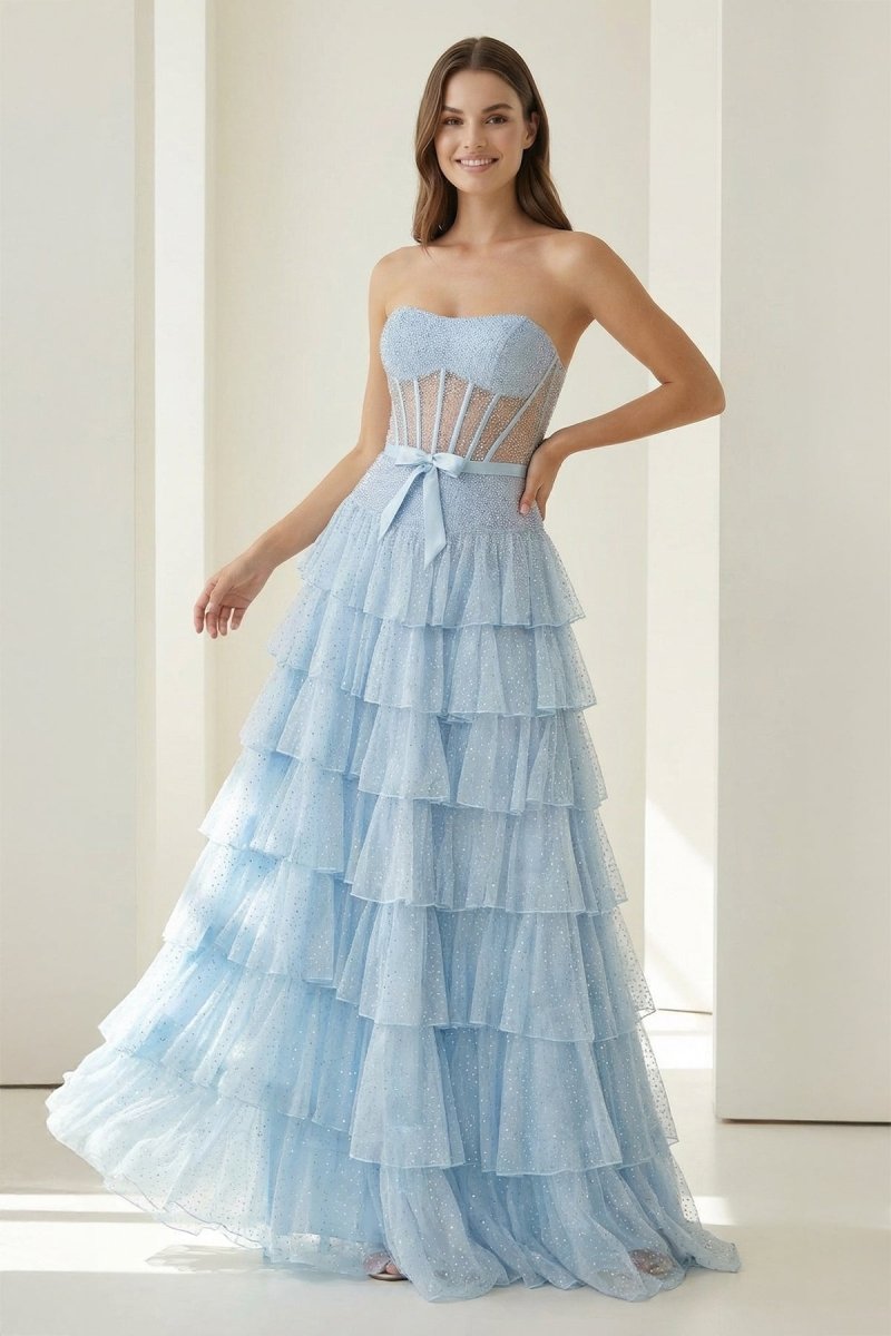 Black-White Strapless A Line Tulle Ruffled Evening Dress With Beading - Curvevia