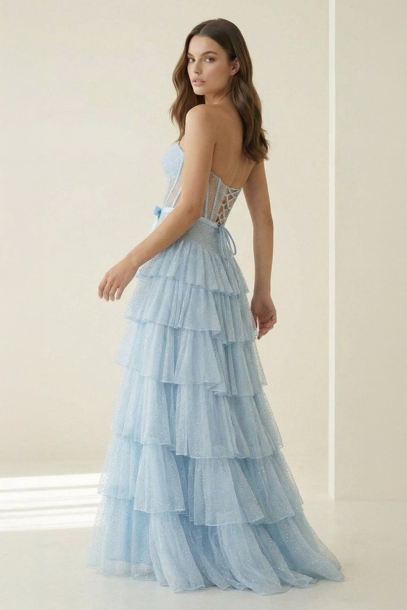 Black-White Strapless A Line Tulle Ruffled Evening Dress With Beading - Curvevia