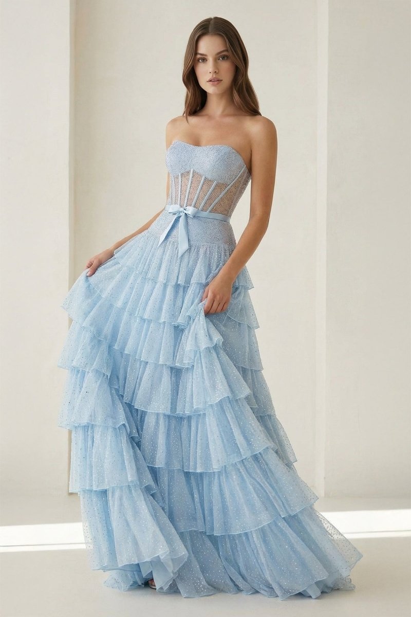 Black-White Strapless A Line Tulle Ruffled Evening Dress With Beading - Curvevia