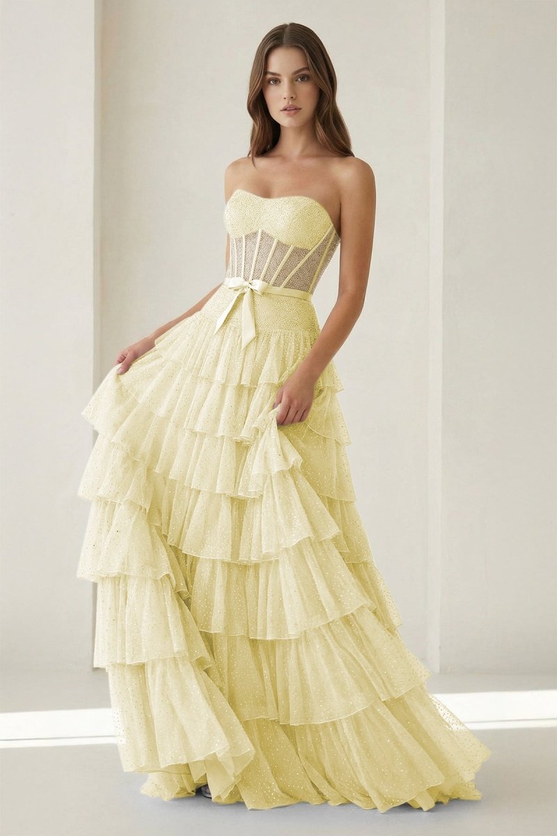 Black-White Strapless A Line Tulle Ruffled Evening Dress With Beading - Curvevia