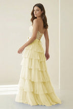 Black-White Strapless A Line Tulle Ruffled Evening Dress With Beading - Curvevia