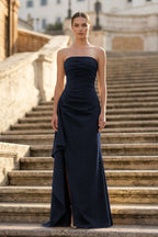 Navy Blue - Mermaid Strapless Satin Pleated Long Evening Dress with Slit - Curvevia