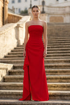 Red - Mermaid Strapless Satin Pleated Long Evening Dress with Slit - Curvevia