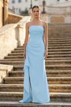 Sky Blue - Mermaid Strapless Satin Pleated Long Evening Dress with Slit - Curvevia