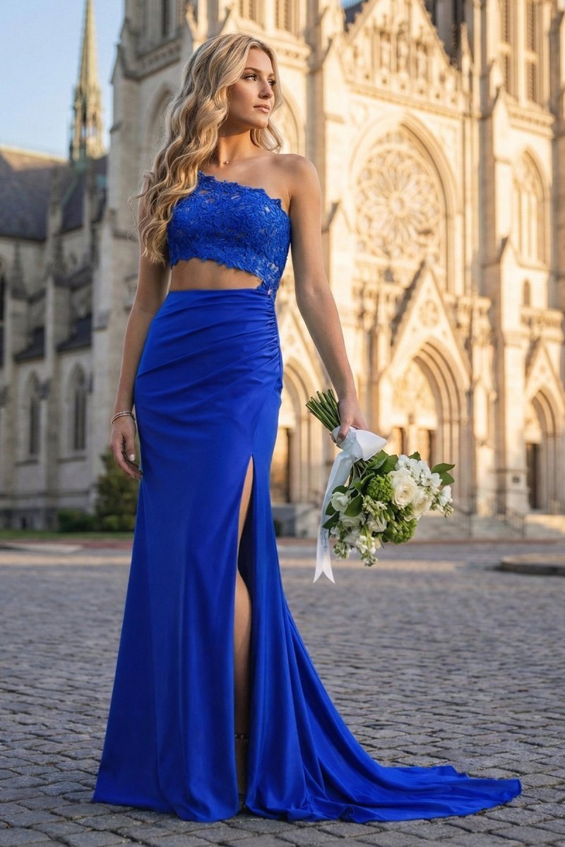 Royal Blue - One Shoulder Sheath Lace Appliqued Evening Dress With Cutout - Curvevia