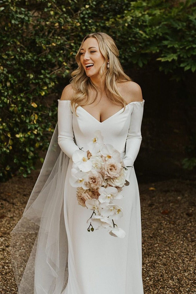 Simple A-Line Off the Shoulder Long Sleeves White Satin Wedding Dresses - Curvevia
