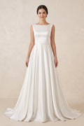 Pure White Satin Sleeveless Bridal Dresses with Pockets - Curvevia