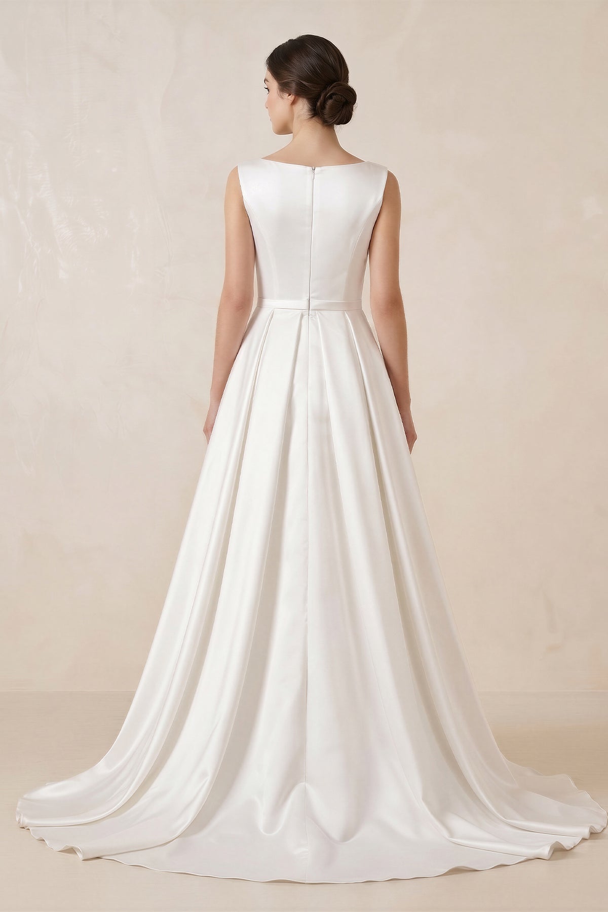 Pure White Satin Sleeveless Bridal Dresses with Pockets - Curvevia