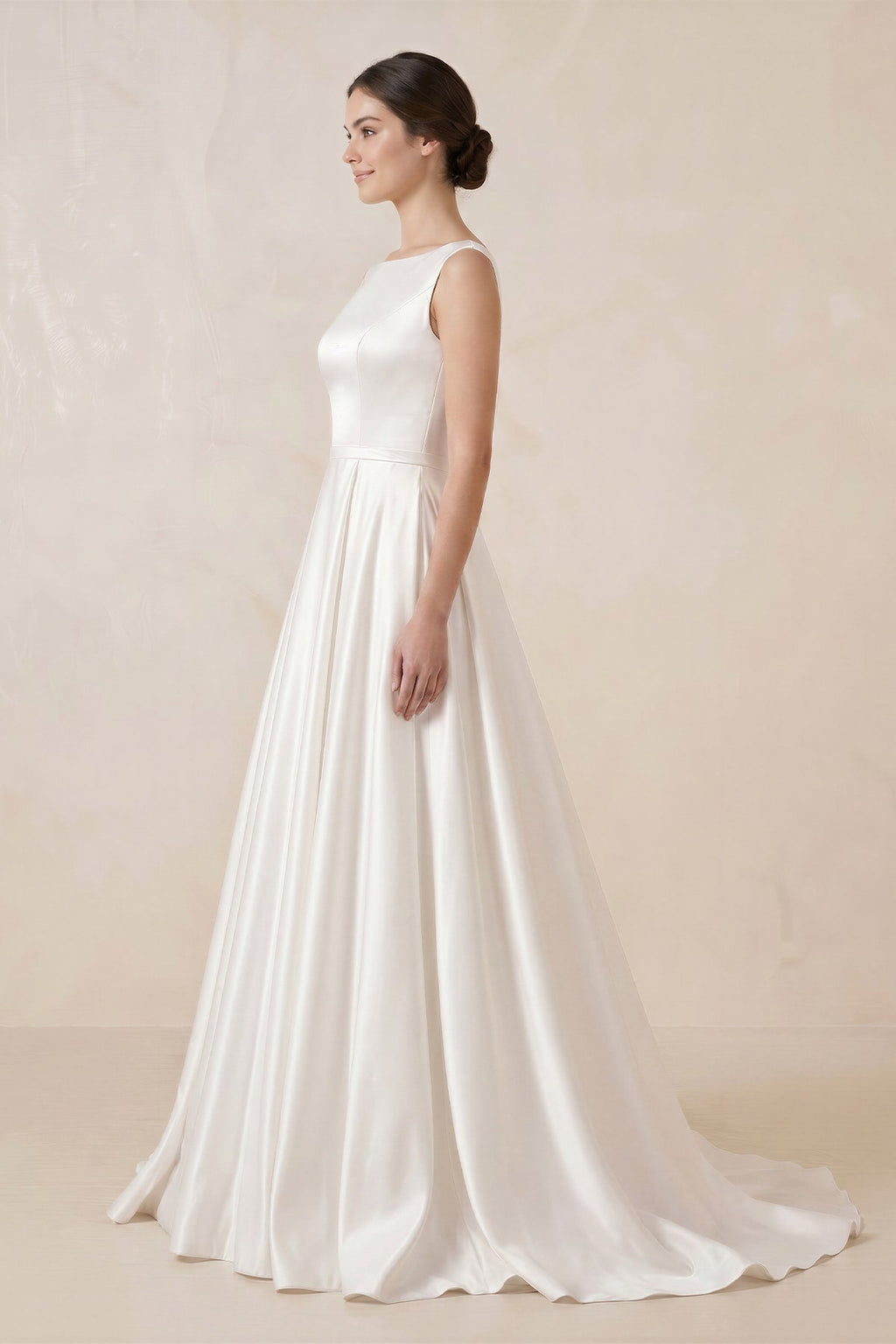 Pure White Satin Sleeveless Bridal Dresses with Pockets - Curvevia