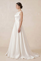 Pure White Satin Sleeveless Bridal Dresses with Pockets - Curvevia