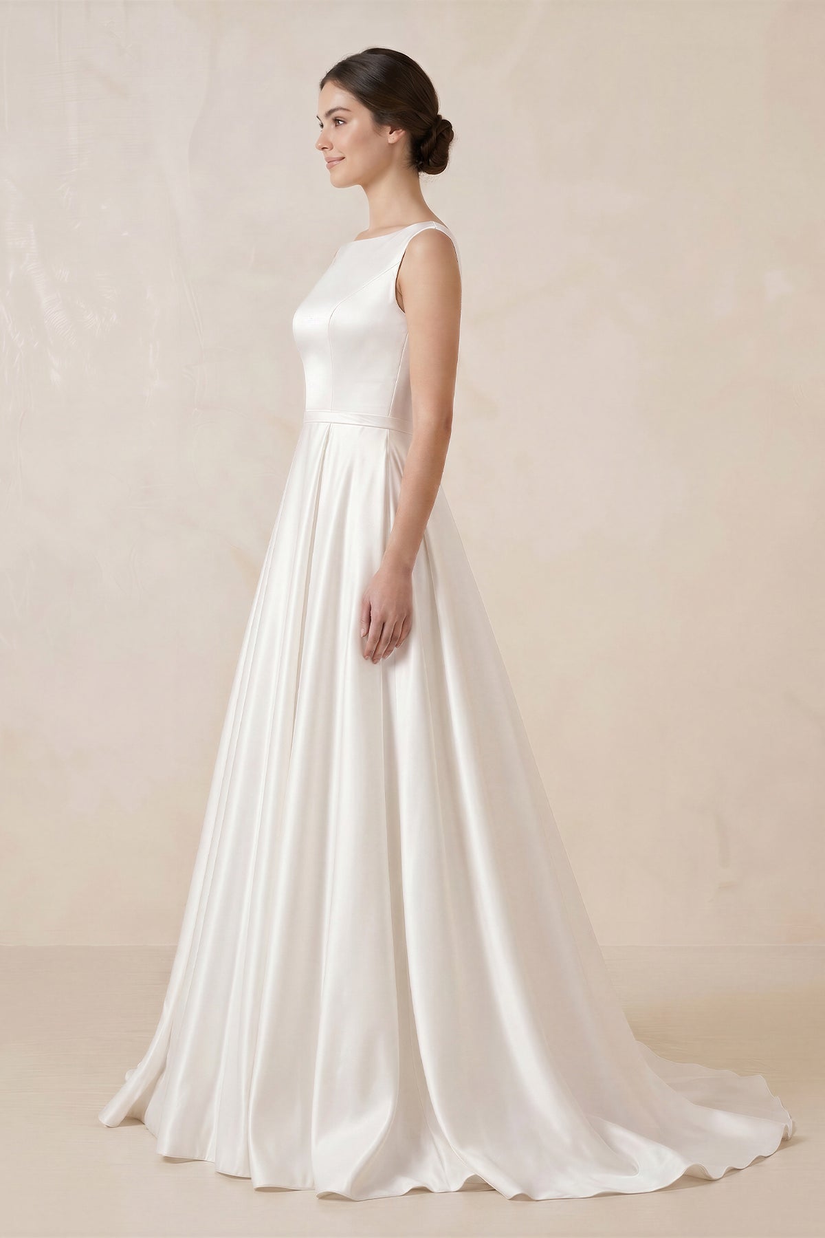 Pure White Satin Sleeveless Bridal Dresses with Pockets - Curvevia