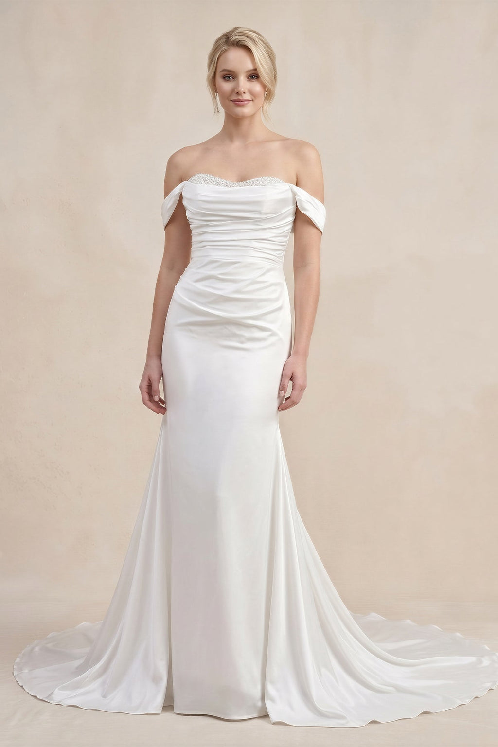 White Pearls Off-the-Shoulder Mermaid Long Wedding Dress - Curvevia