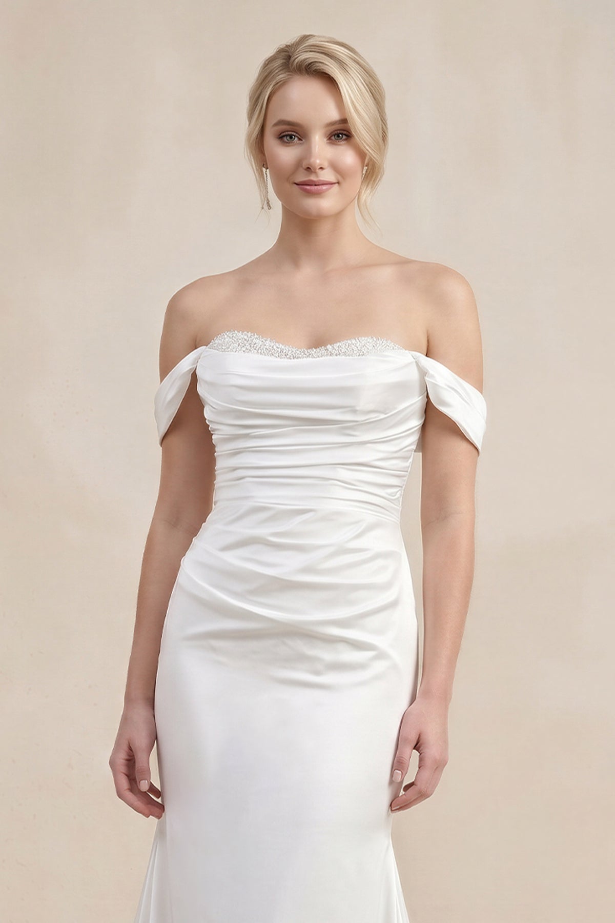 White Pearls Off-the-Shoulder Mermaid Long Wedding Dress - Curvevia