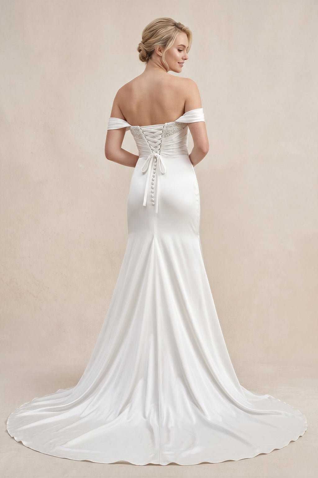 White Pearls Off-the-Shoulder Mermaid Long Wedding Dress - Curvevia
