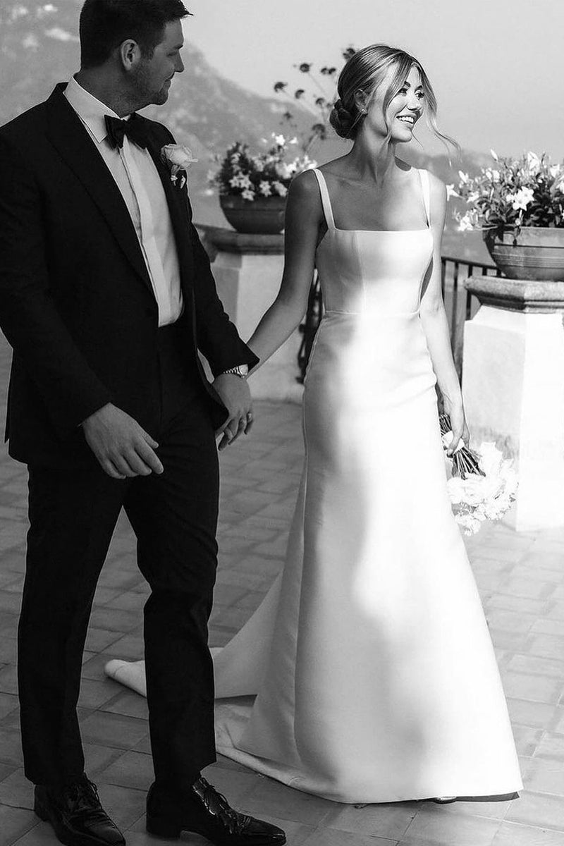 Simple Mermaid Square Neck Satin Wedding Dresses - Curvevia