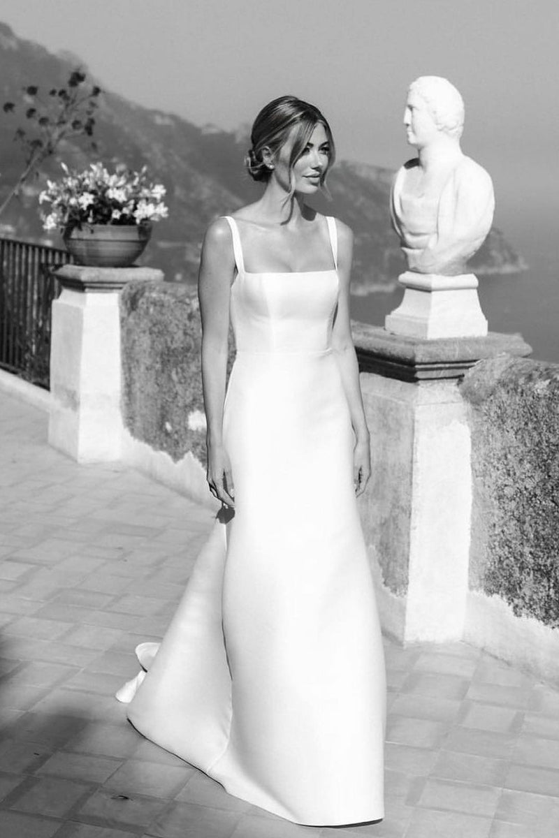 Simple Mermaid Square Neck Satin Wedding Dresses - Curvevia