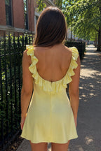 Yellow Scoop Neck Sheath Satin Ruffles Short Homecoming Dress - Curvevia