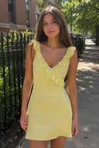 Yellow Scoop Neck Sheath Satin Ruffles Short Homecoming Dress - Curvevia