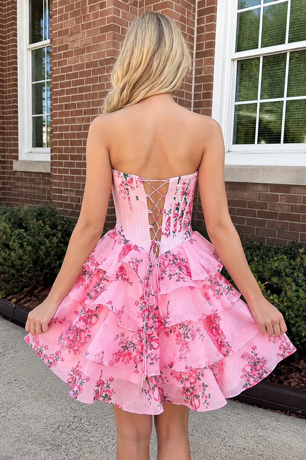 Pink A Line Sweetheart Floral Chiffon Corset Ruffled Homecoming Dresses - Curvevia