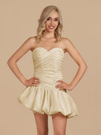 Champagne Strapless A-Line Satin Balloon Draped Wedding Guest Dress - Curvevia