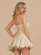 Champagne Strapless A-Line Satin Balloon Draped Wedding Guest Dress - Curvevia