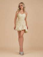 Champagne Strapless A-Line Satin Balloon Draped Wedding Guest Dress - Curvevia