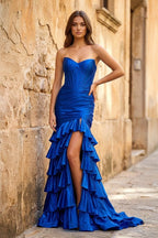 Mermaid Sweetheart Satin Ruffle Long Evening Dress With Split - Curvevia