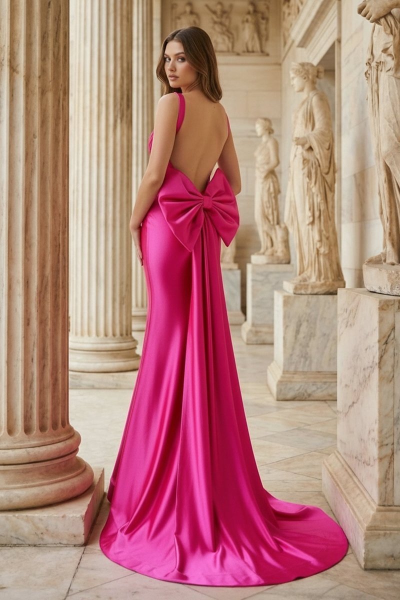 Fuchsia Square Neck Satin Mermaid Formal Gown with Bow - Curvevia