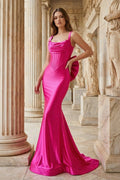 Fuchsia Square Neck Satin Mermaid Formal Gown with Bow - Curvevia