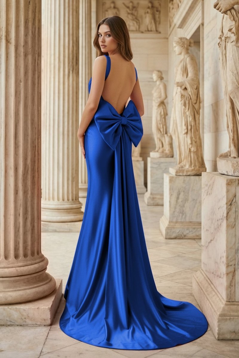 Fuchsia Square Neck Satin Mermaid Formal Gown with Bow - Curvevia