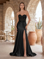 Mermaid Sweetheart Lace Satin Black Evening Dress with Slit - Curvevia