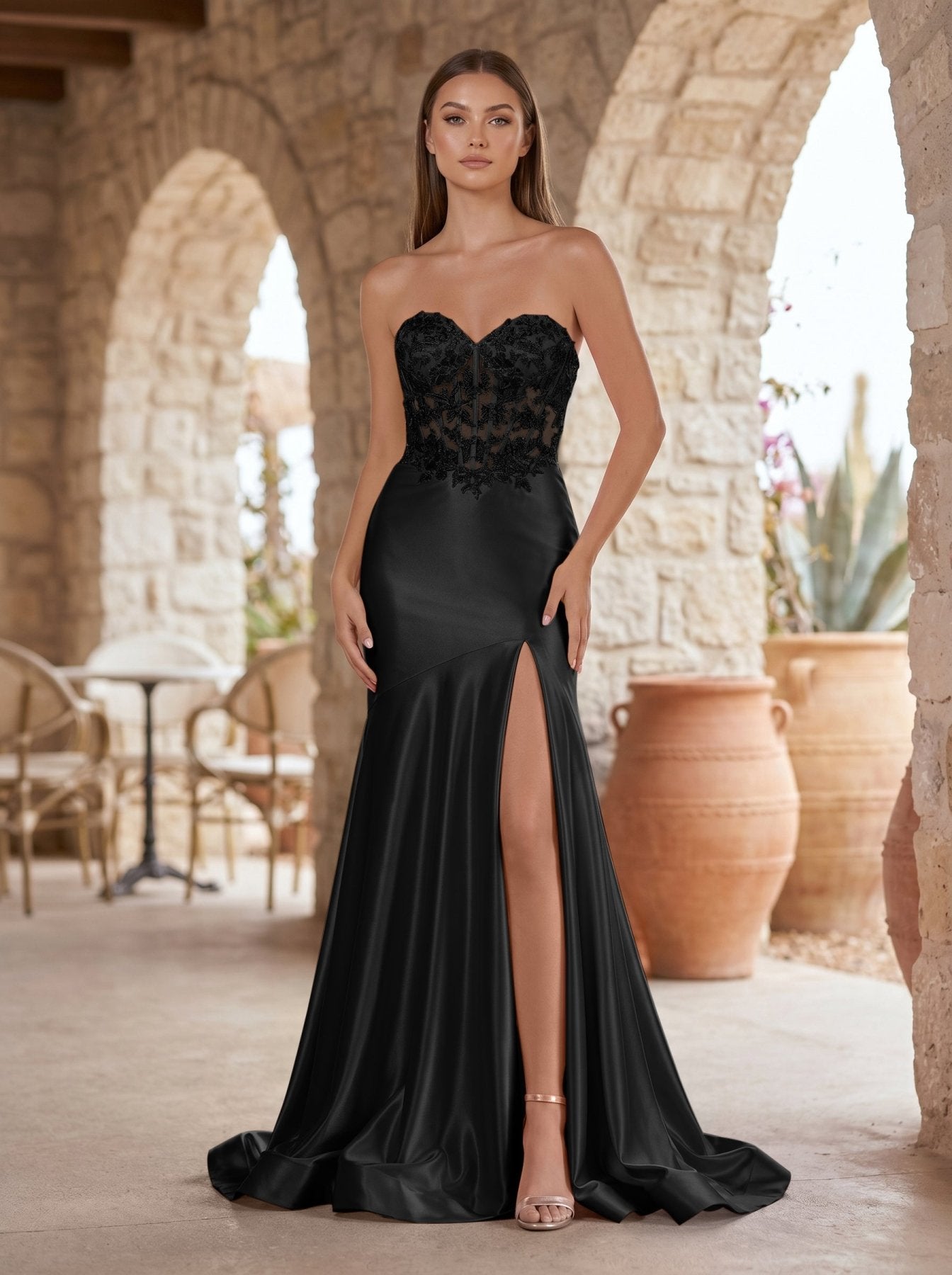 Mermaid Sweetheart Lace Satin Black Evening Dress with Slit - Curvevia