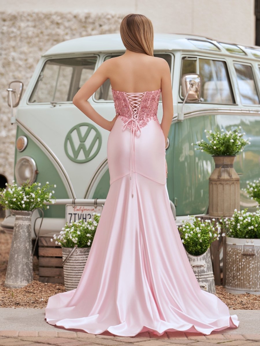 Mermaid Sweetheart Lace Satin Black Evening Dress with Slit - Curvevia