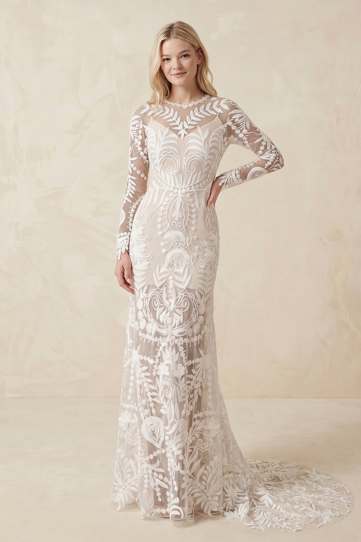 Lace Appliques Long Sleeves Long Wedding Dresses - Curvevia