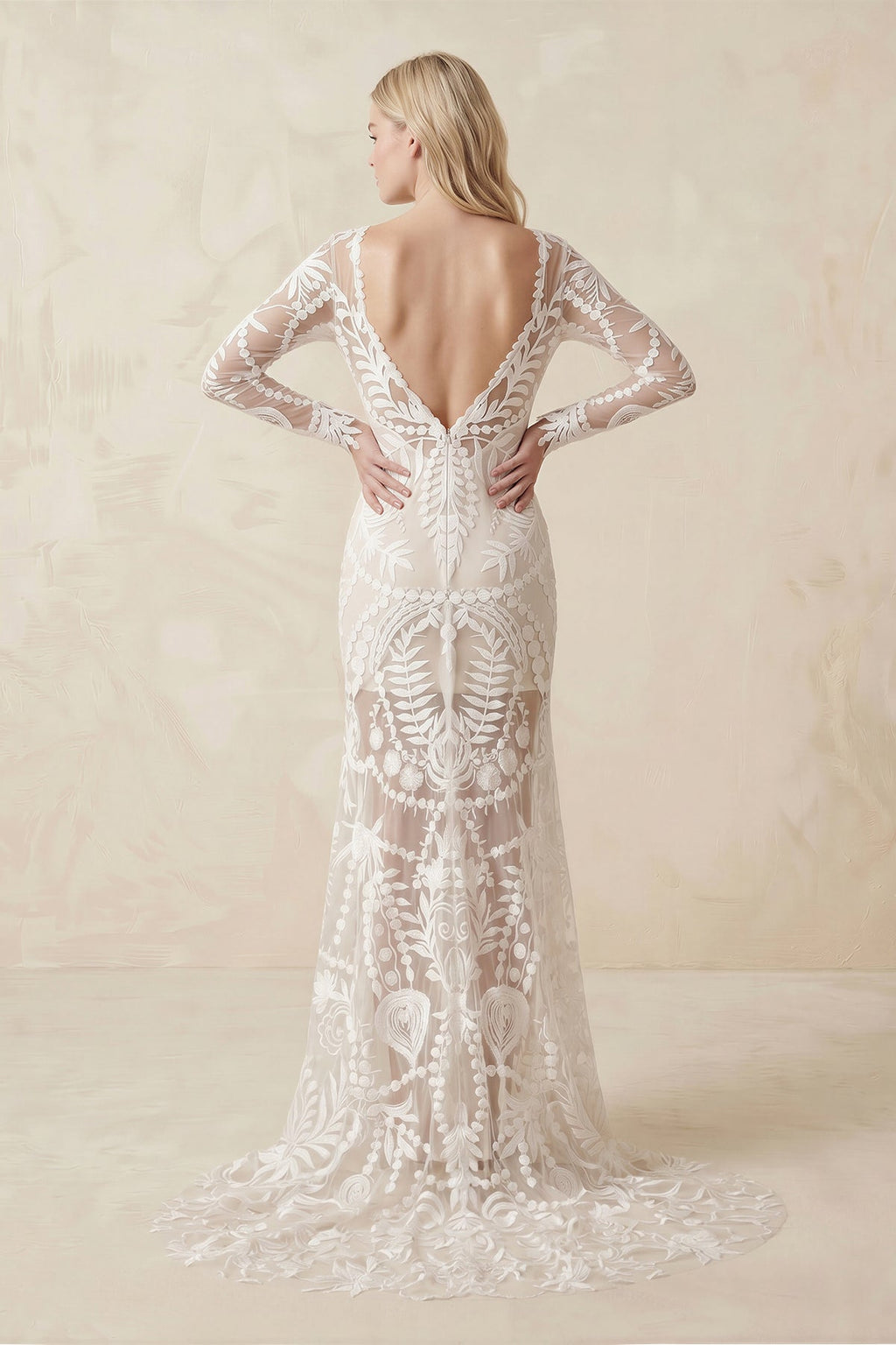 Lace Appliques Long Sleeves Long Wedding Dresses - Curvevia