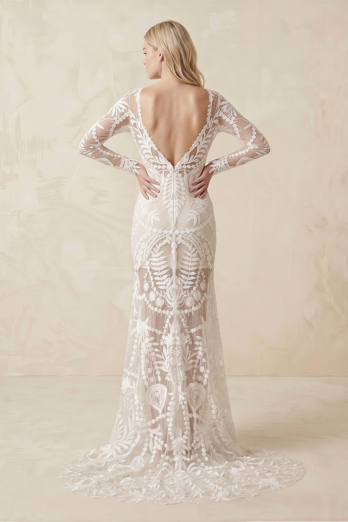 Lace Appliques Long Sleeves Long Wedding Dresses - Curvevia