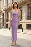 Lilac - Strapless Mermaid Sequined Pleated Long Prom Dresses With Pearls - Curvevia