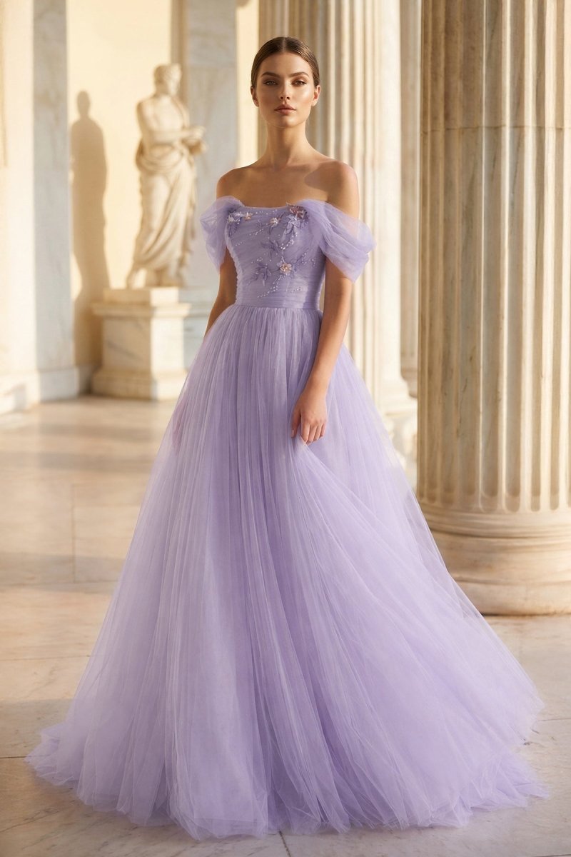 Princess Off the Shoulder Embroidering Tulle Sage Ball Gown - Curvevia