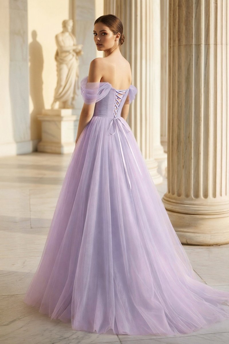 Princess Off the Shoulder Embroidering Tulle Sage Ball Gown - Curvevia