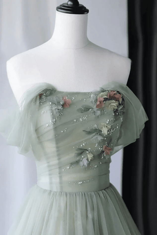 Princess Off the Shoulder Embroidering Tulle Sage Ball Gown - Curvevia