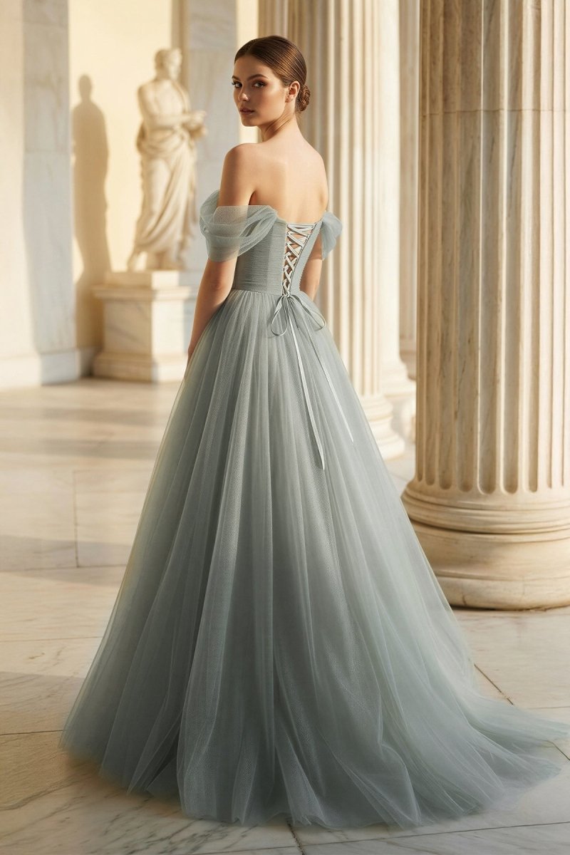 Princess Off the Shoulder Embroidering Tulle Sage Ball Gown - Curvevia