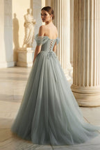 Princess Off the Shoulder Embroidering Tulle Sage Ball Gown - Curvevia
