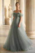 Princess Off the Shoulder Embroidering Tulle Sage Ball Gown - Curvevia